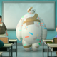 The animated Baymax covered in band-aids standing before a classroom full of children.